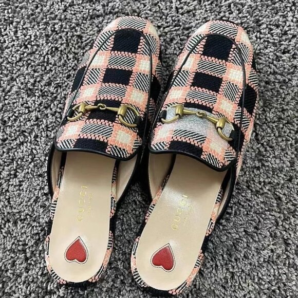 NIB Gucci Princetown Tweed Check Woven Mules In Pink - Picture 1 of 3